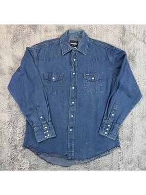 VTG Wrangler X-Long Tails Shirt Mens Blue Denim Pearl Snap 16.5x34 70127MW